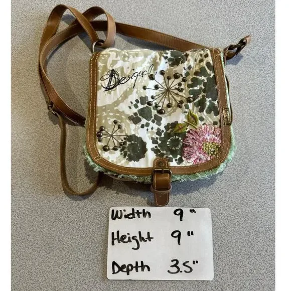Desigual Canvas Crossbody Bag Floral Embellished Brown Leather Strap Trim Spain - Picture 3 of 16